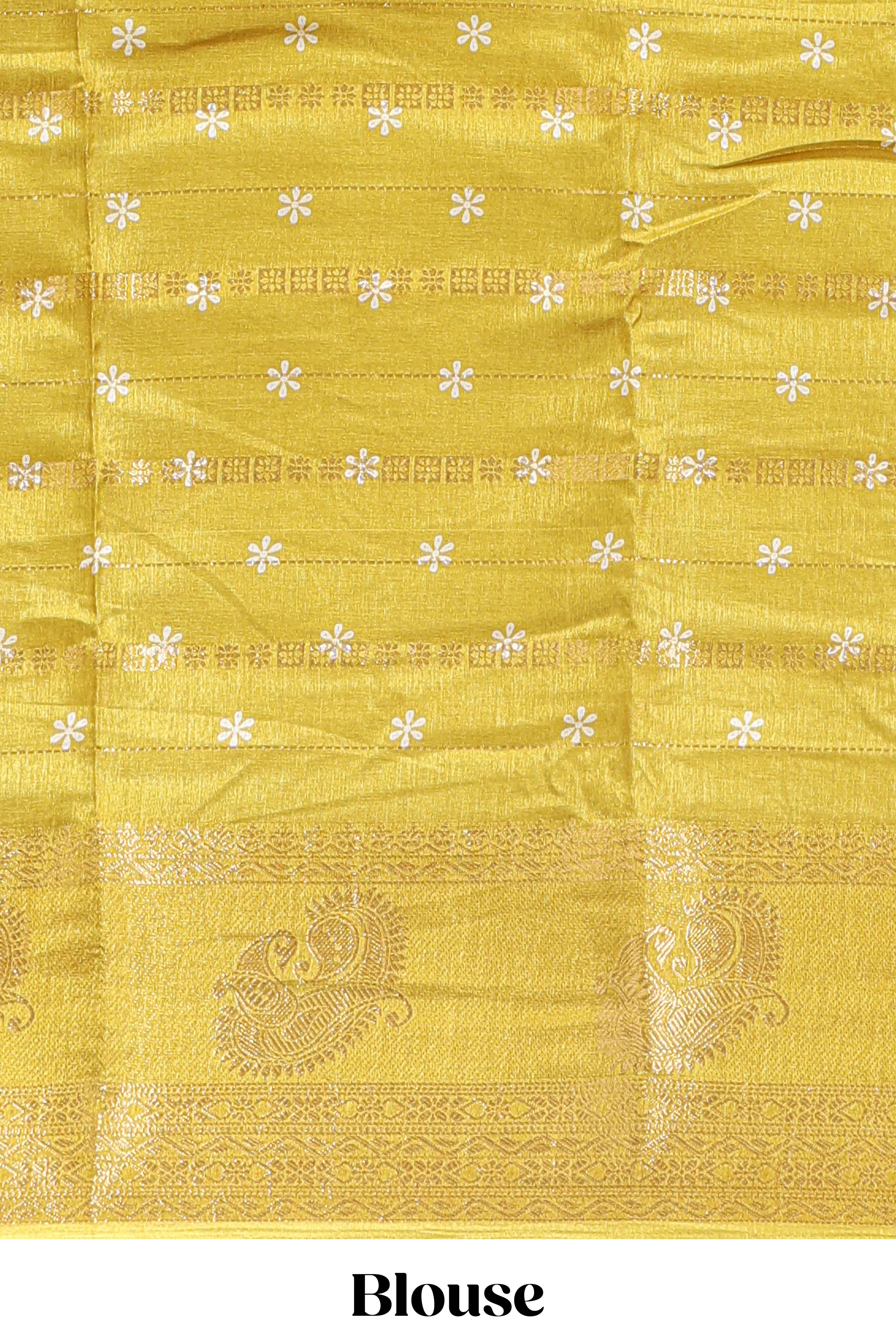 Lime yellow zari striped floral vine design dola silk saree with self border and matching blouse
