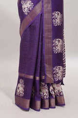 Violet checked elephant motifs dola silk saree with self zari border and striped pallu