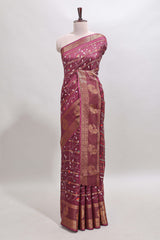 Maroon zari striped floral vine design dola silk saree with self border and matching blouse