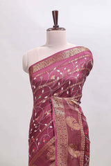 Maroon zari striped floral vine design dola silk saree with self border and matching blouse