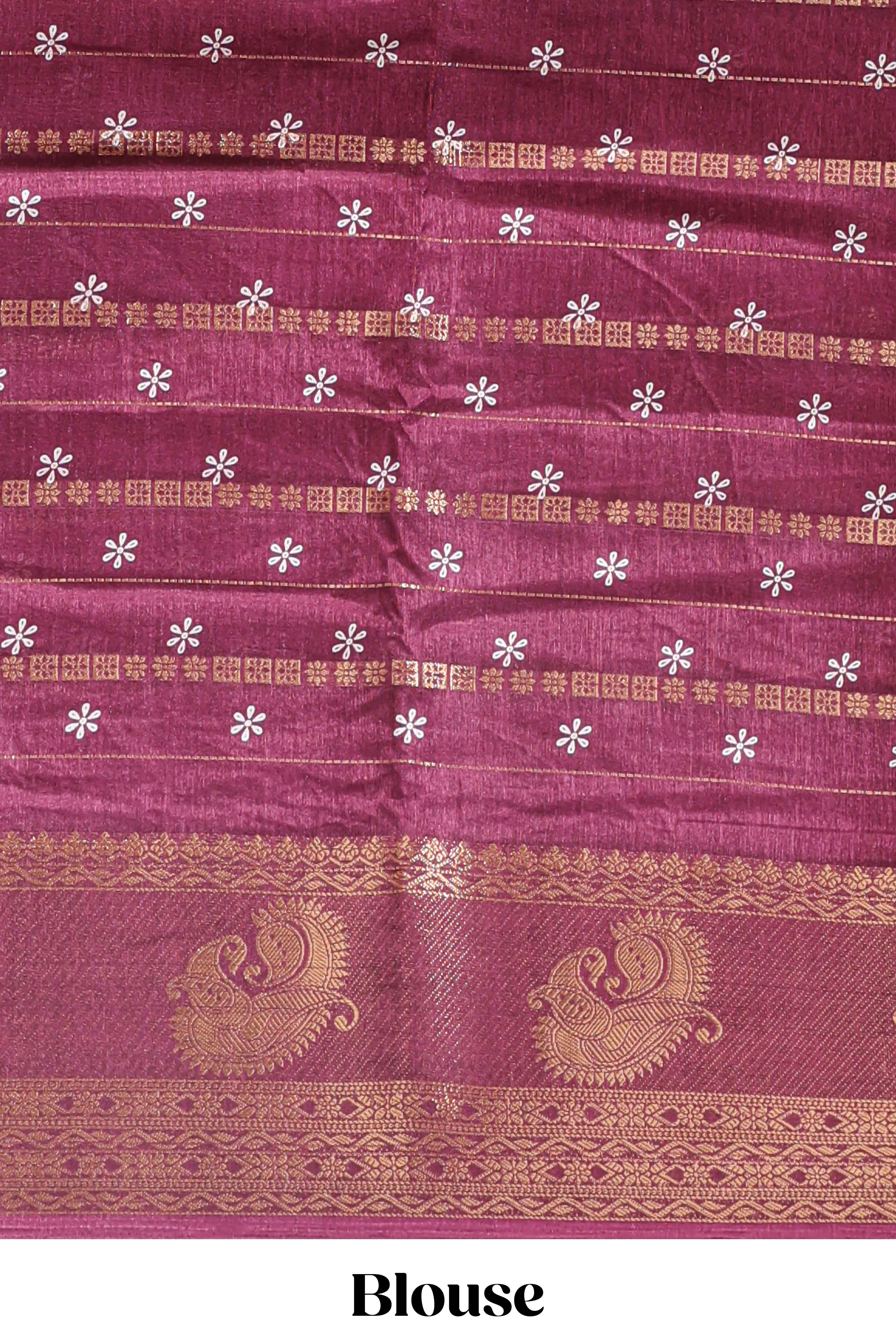 Maroon zari striped floral vine design dola silk saree with self border and matching blouse