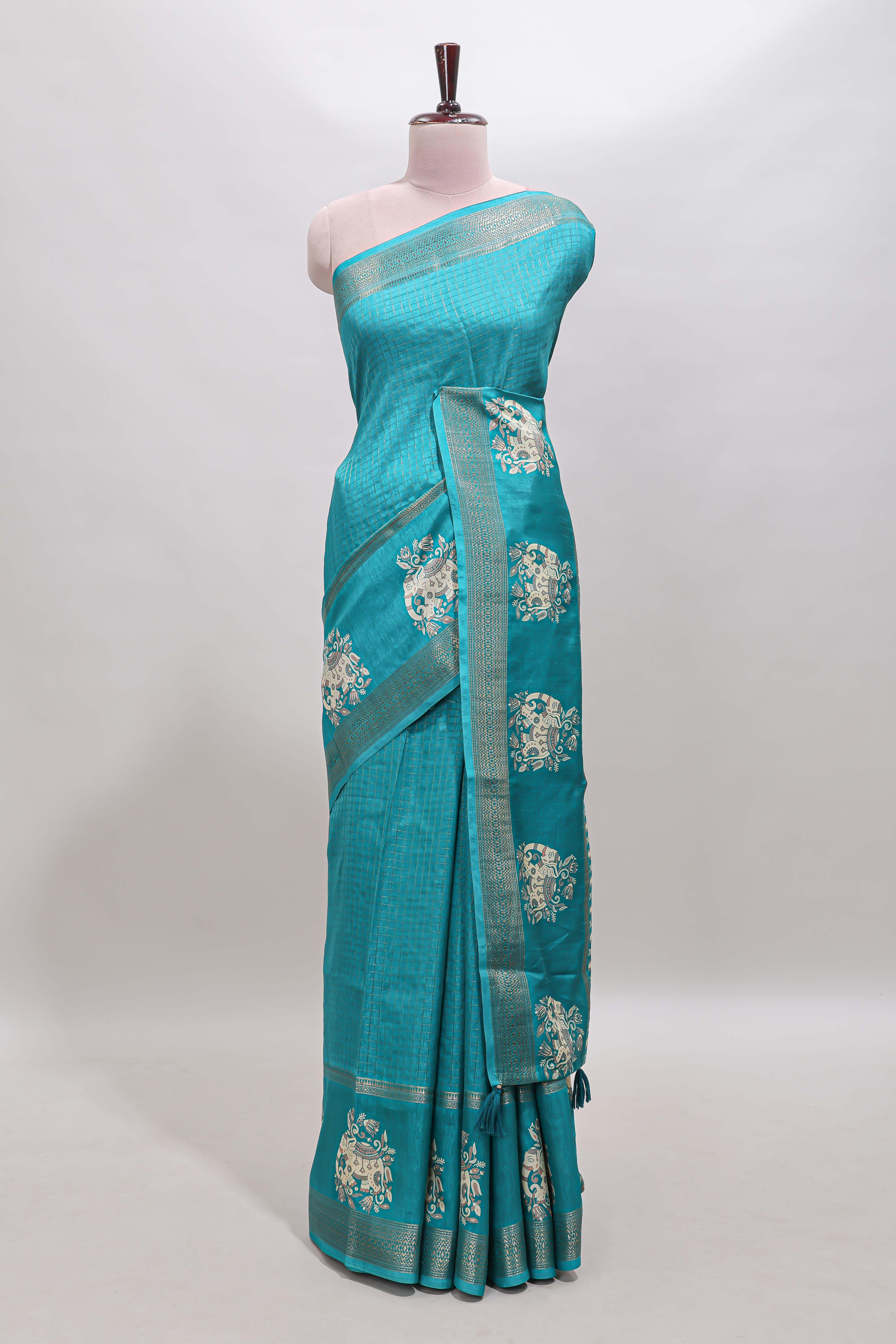 Turquoise green checked elephant motifs dola silk saree with self zari border and striped pallu