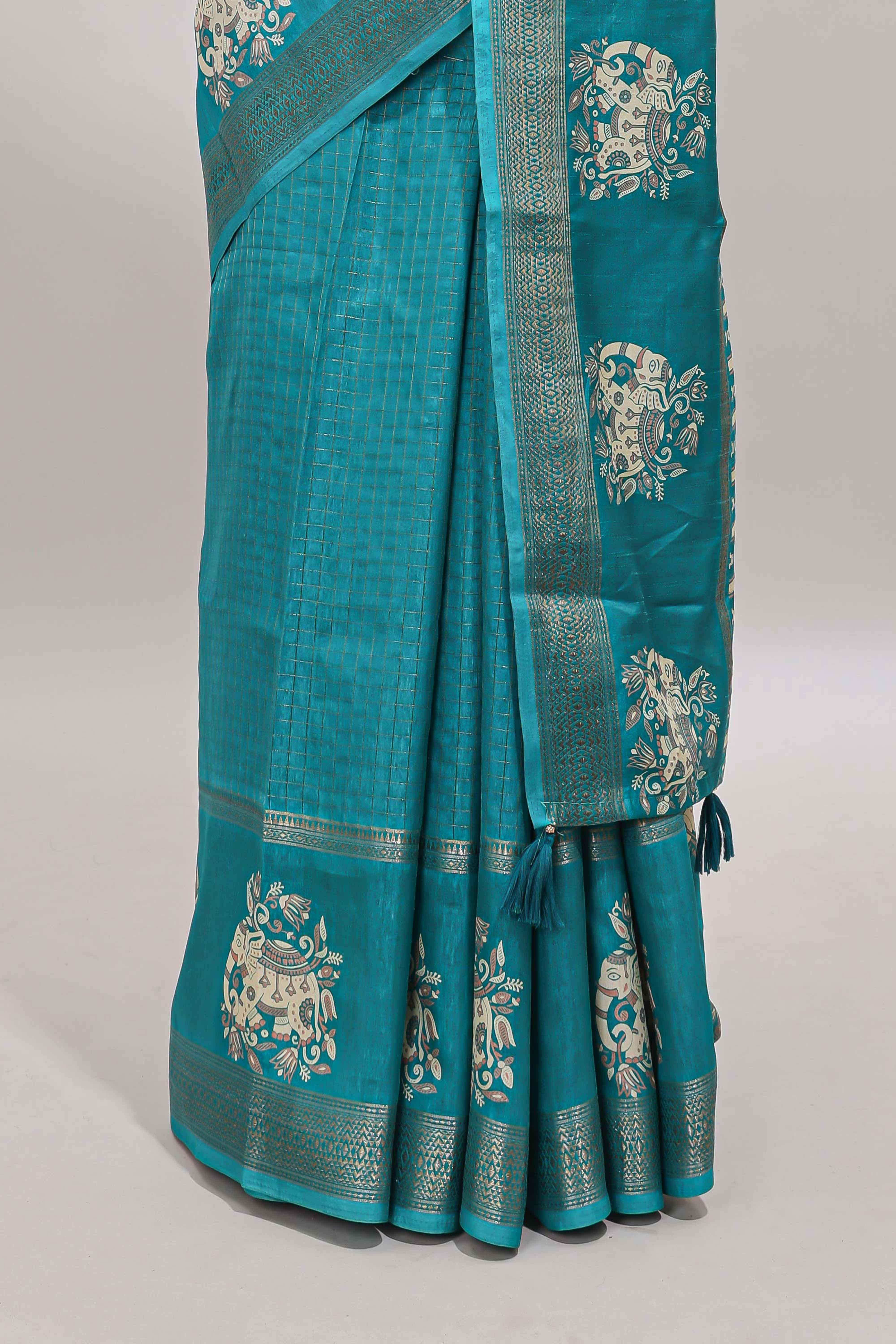 Turquoise green checked elephant motifs dola silk saree with self zari border and striped pallu