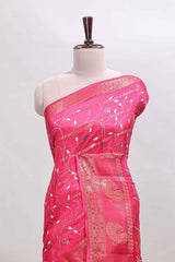 Pink zari striped floral vine design dola silk saree with self border and matching blouse