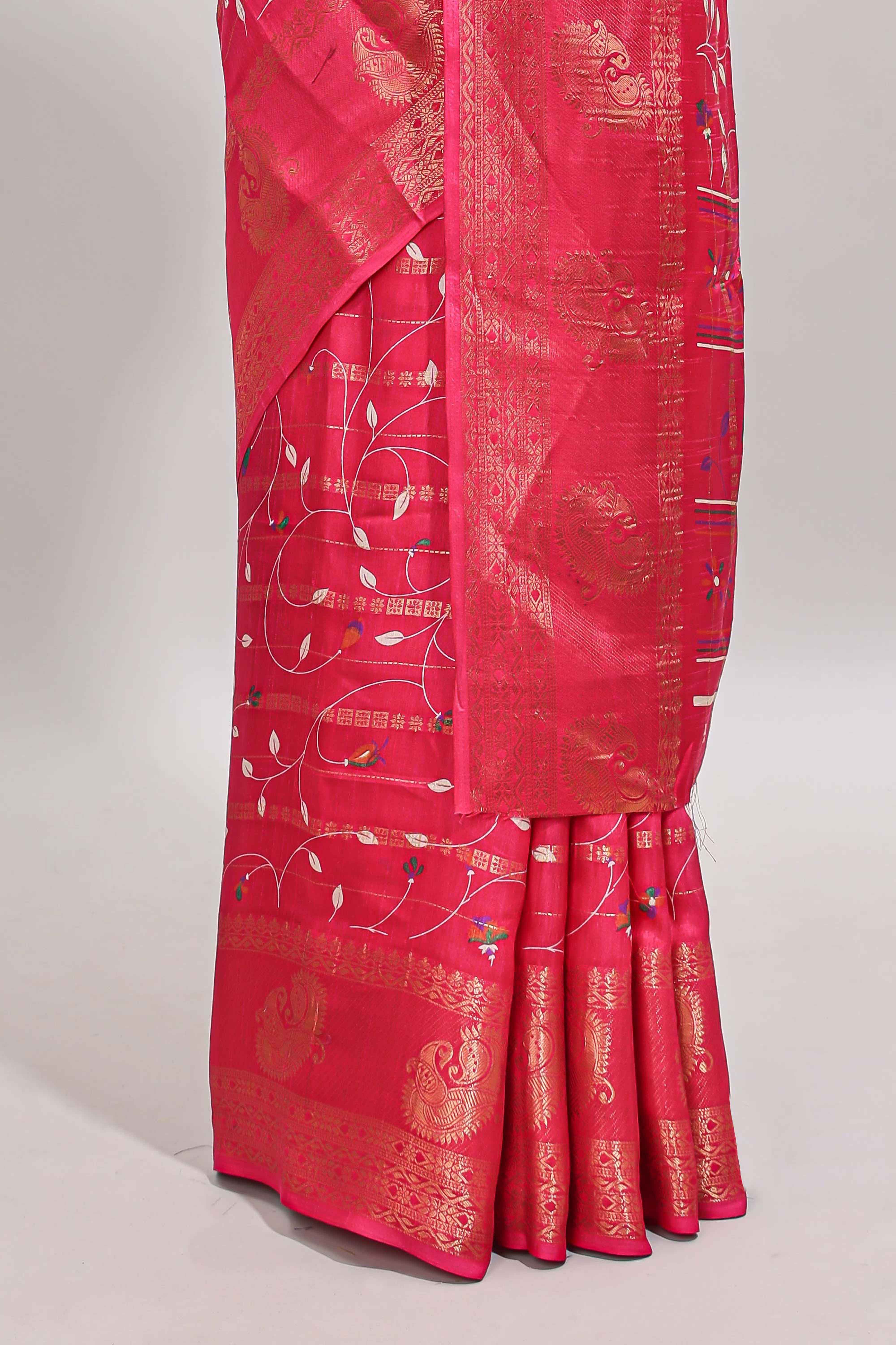 Pink zari striped floral vine design dola silk saree with self border and matching blouse
