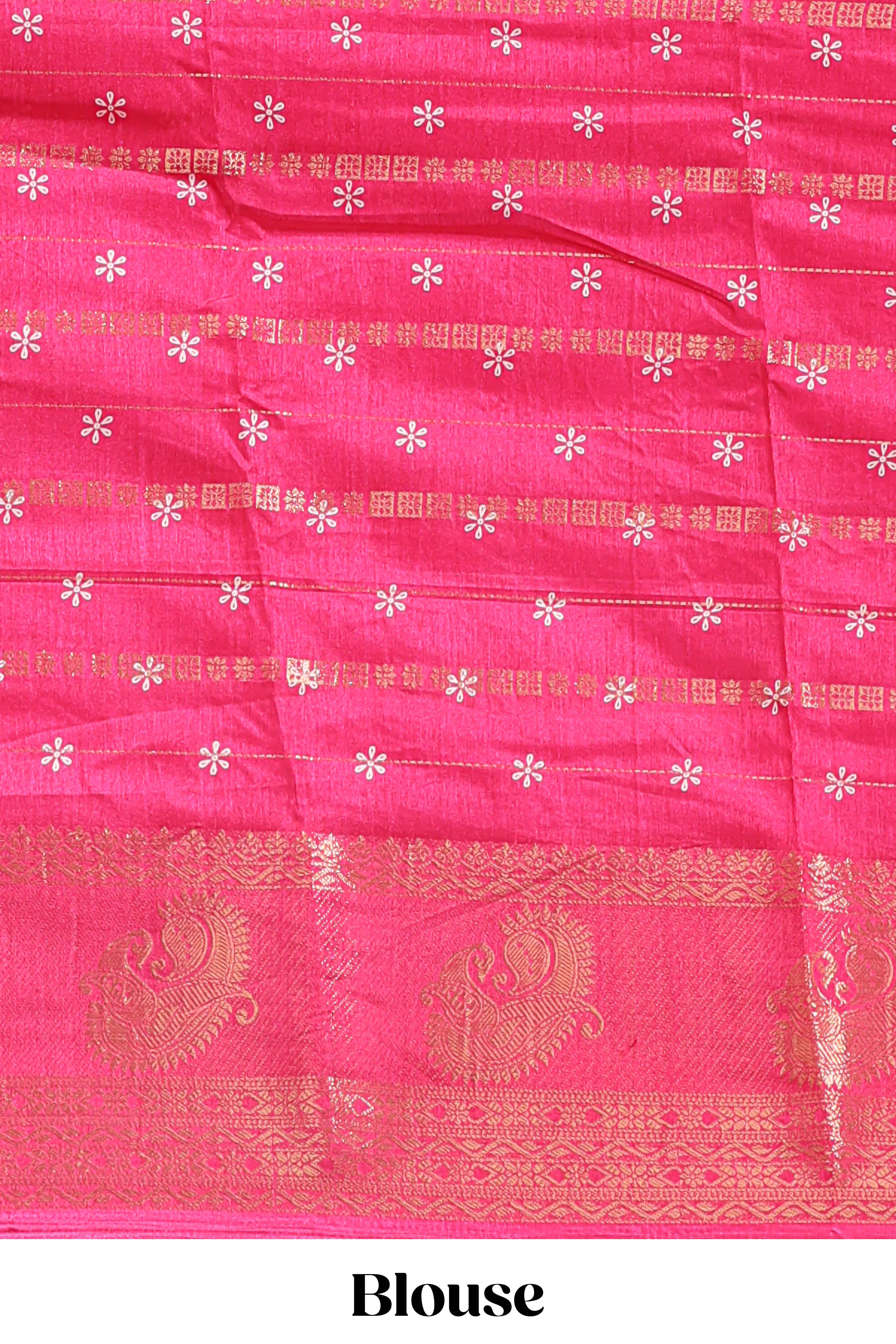 Pink zari striped floral vine design dola silk saree with self border and matching blouse