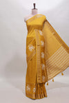 Mustard checked elephant motifs dola silk saree with self zari border and striped pallu