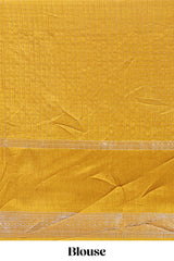 Mustard checked elephant motifs dola silk saree with self zari border and striped pallu