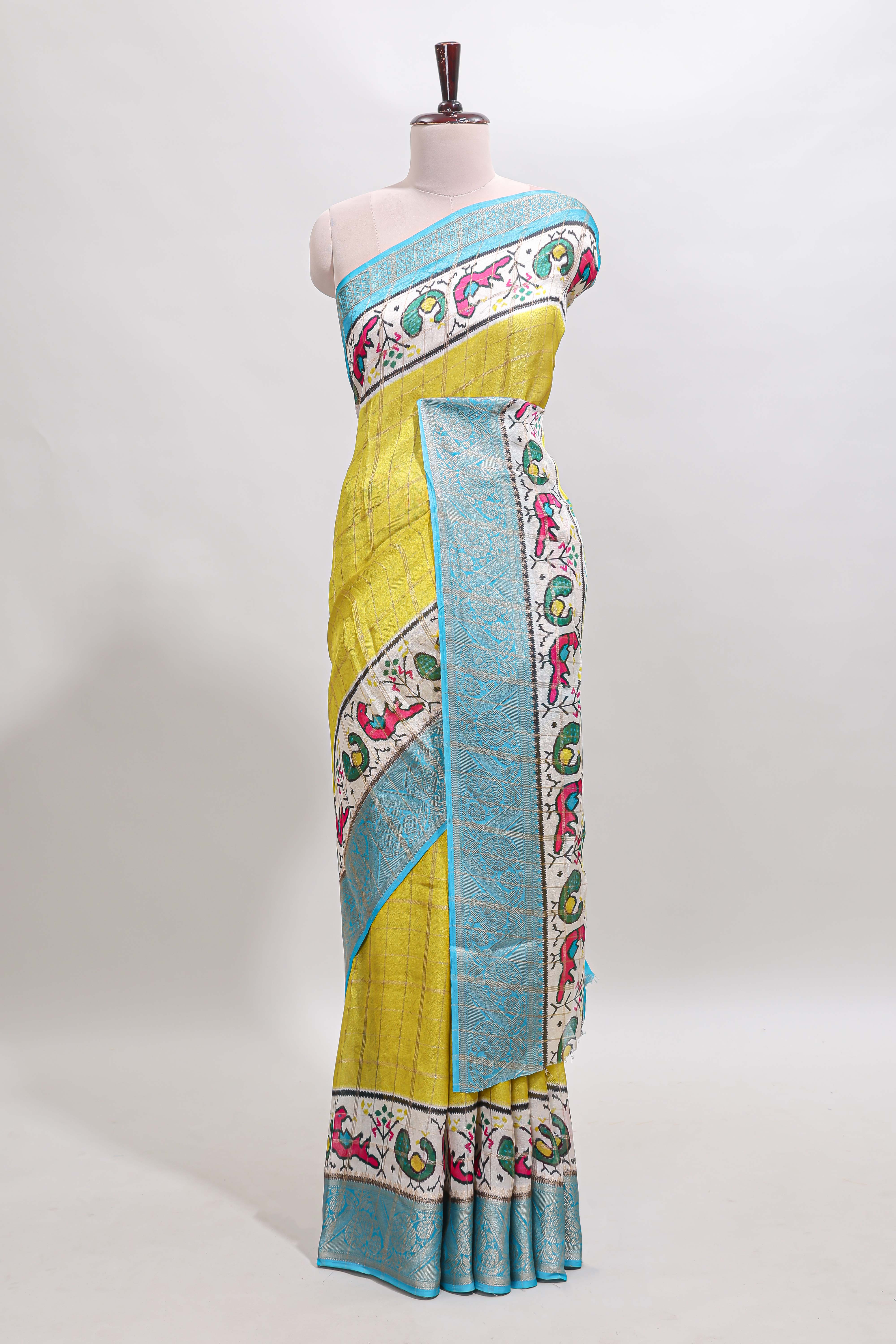 Yellow checked dola silk saree with contrast zari border and blouse