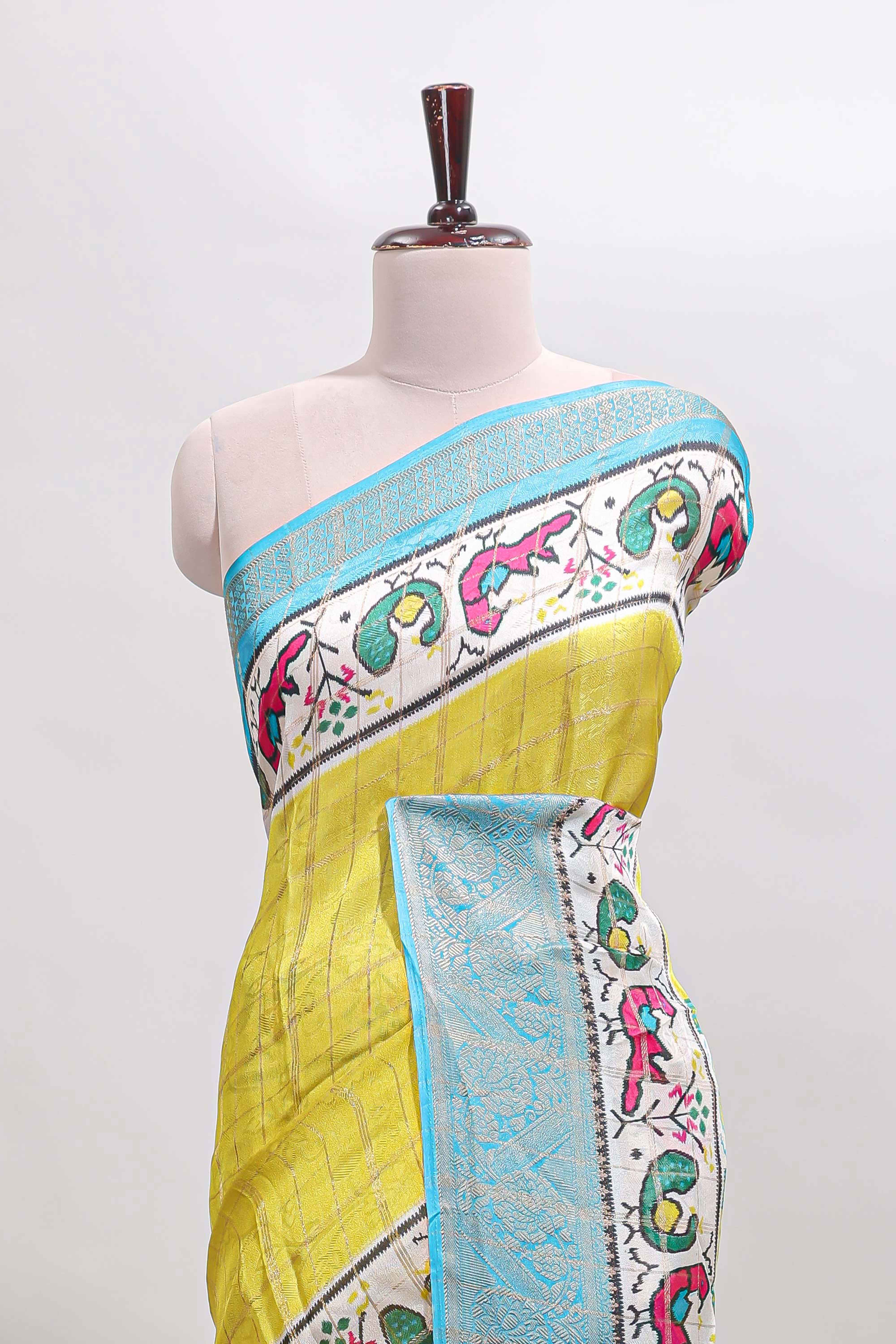 Yellow checked dola silk saree with contrast zari border and blouse