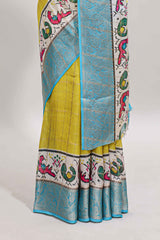Yellow checked dola silk saree with contrast zari border and blouse