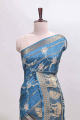 Midnight blue striped floral vine dola silk saree with self zari border and matching blouse