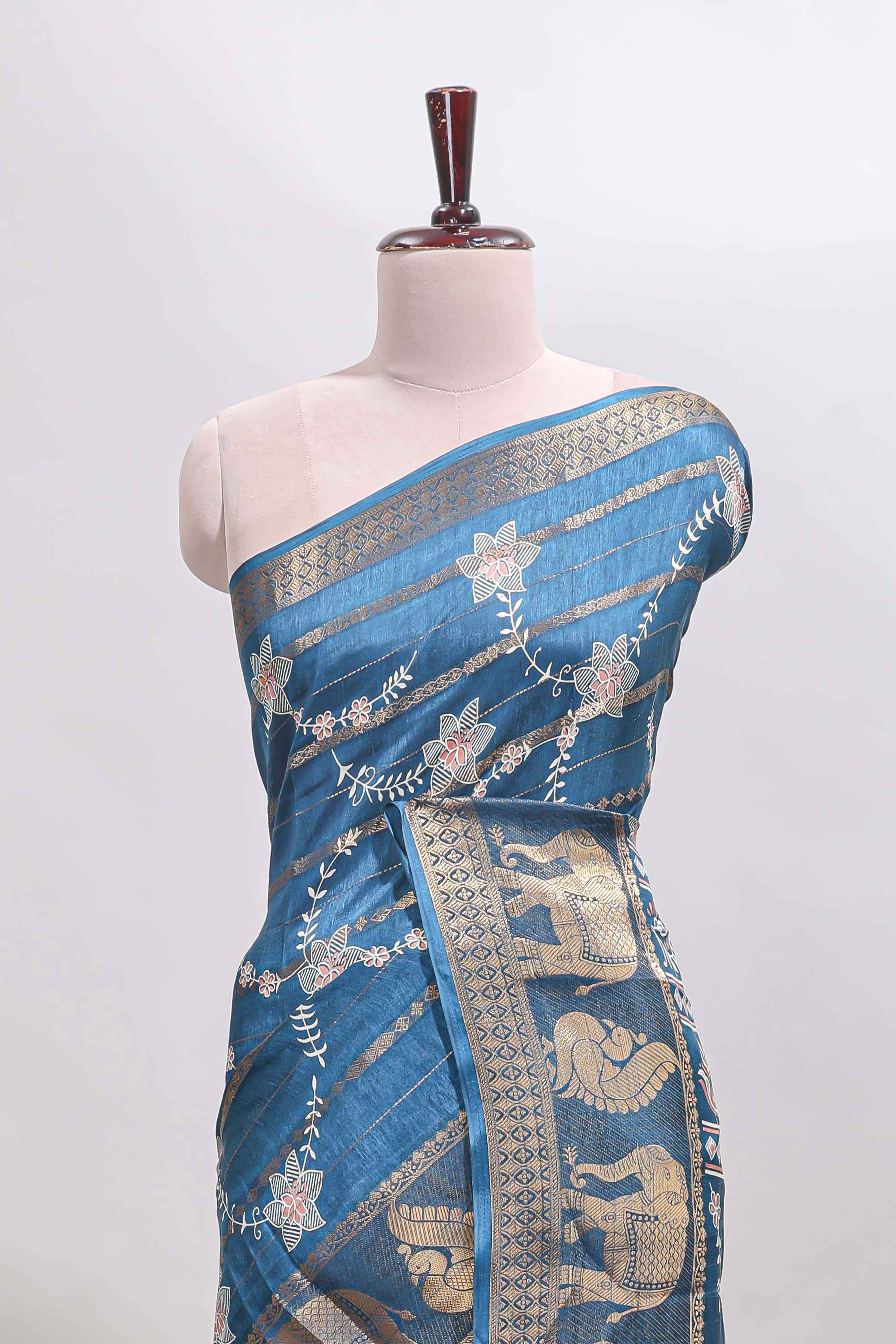 Midnight blue striped floral vine dola silk saree with self zari border and matching blouse