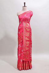 Pink striped floral vine dola silk saree with self zari border and matching blouse