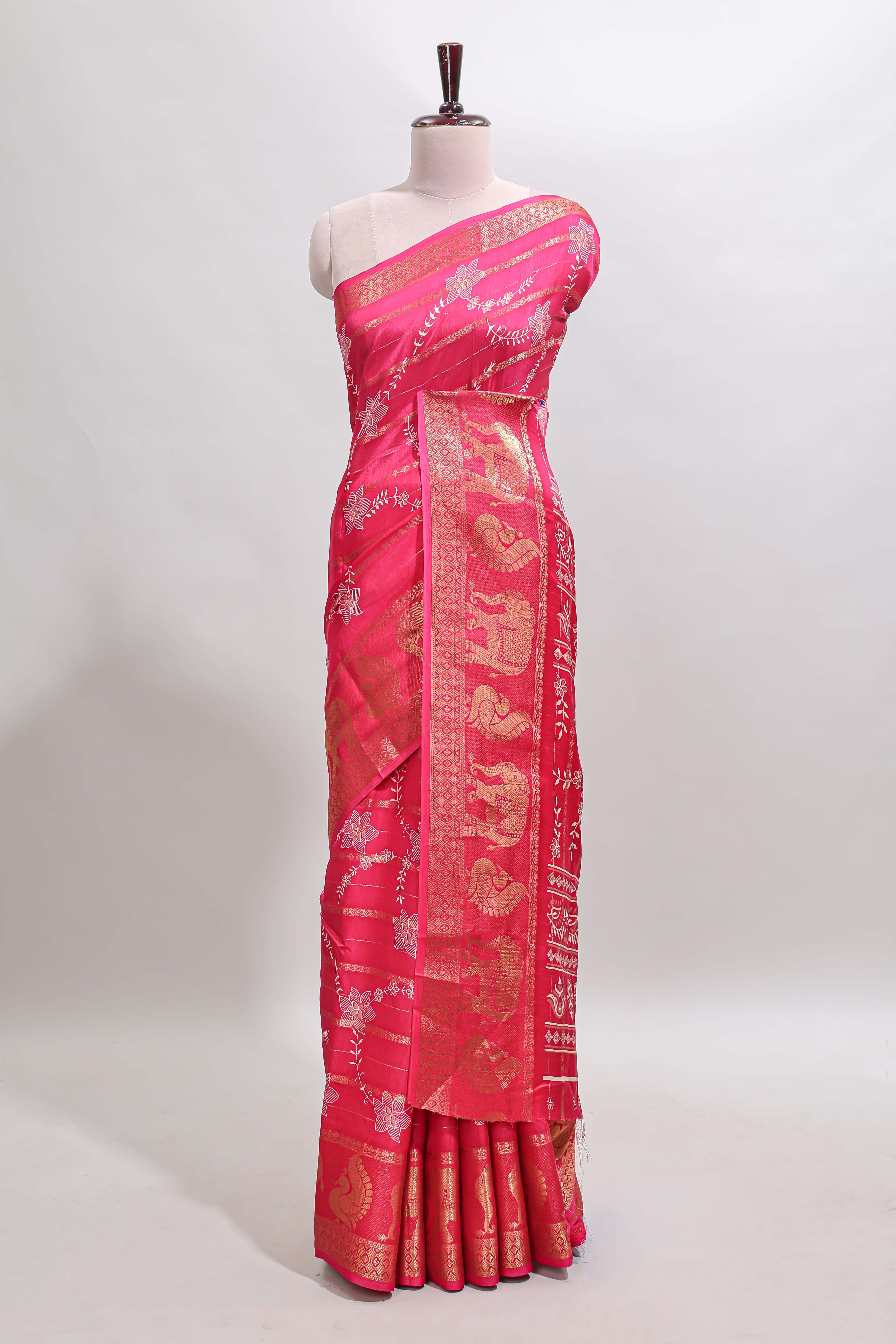Pink striped floral vine dola silk saree with self zari border and matching blouse