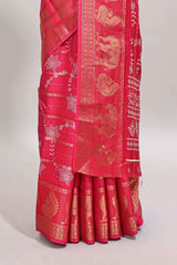 Pink striped floral vine dola silk saree with self zari border and matching blouse