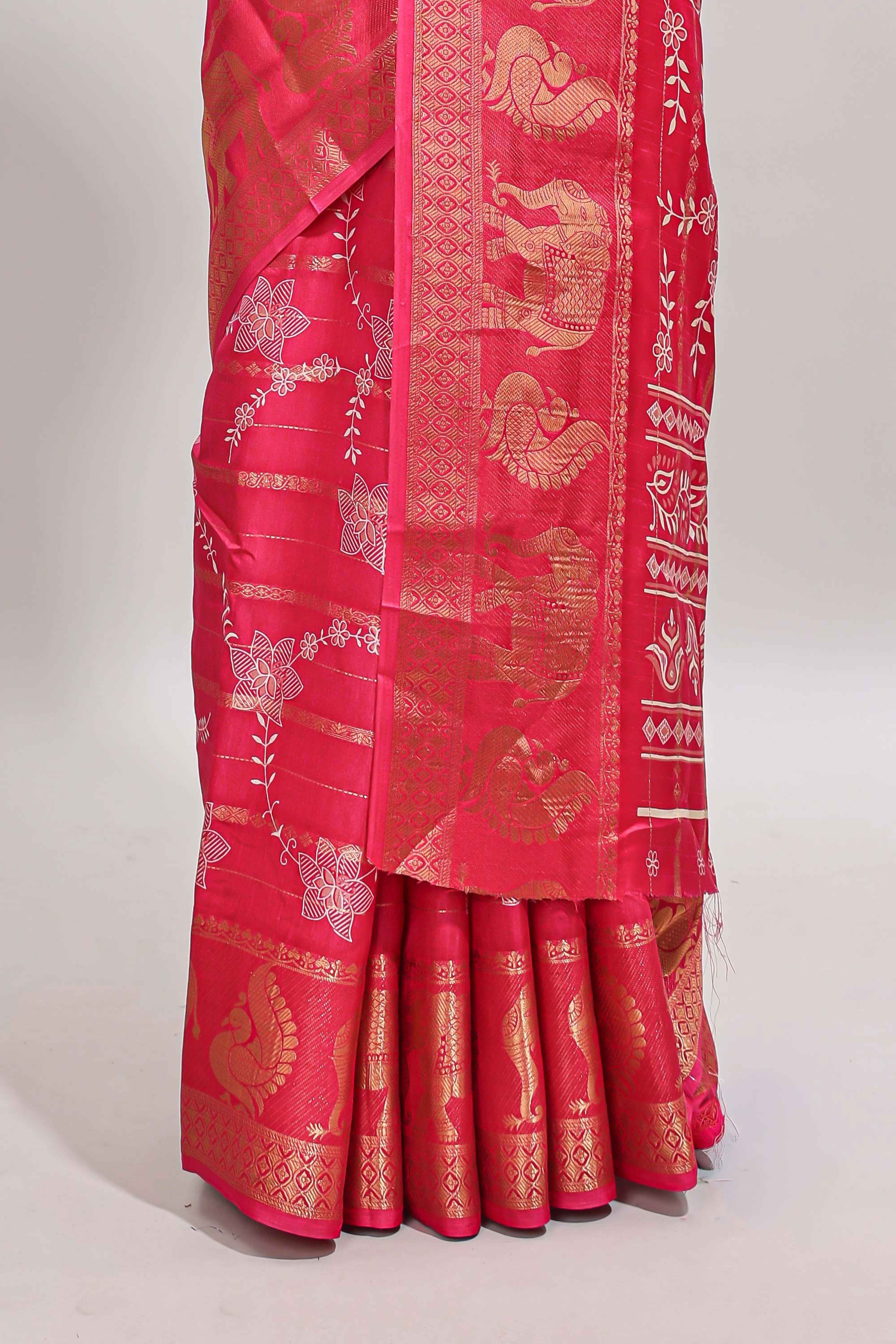 Pink striped floral vine dola silk saree with self zari border and matching blouse