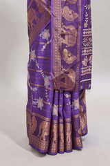 Violet striped floral vine dola silk saree with self zari border and matching blouse