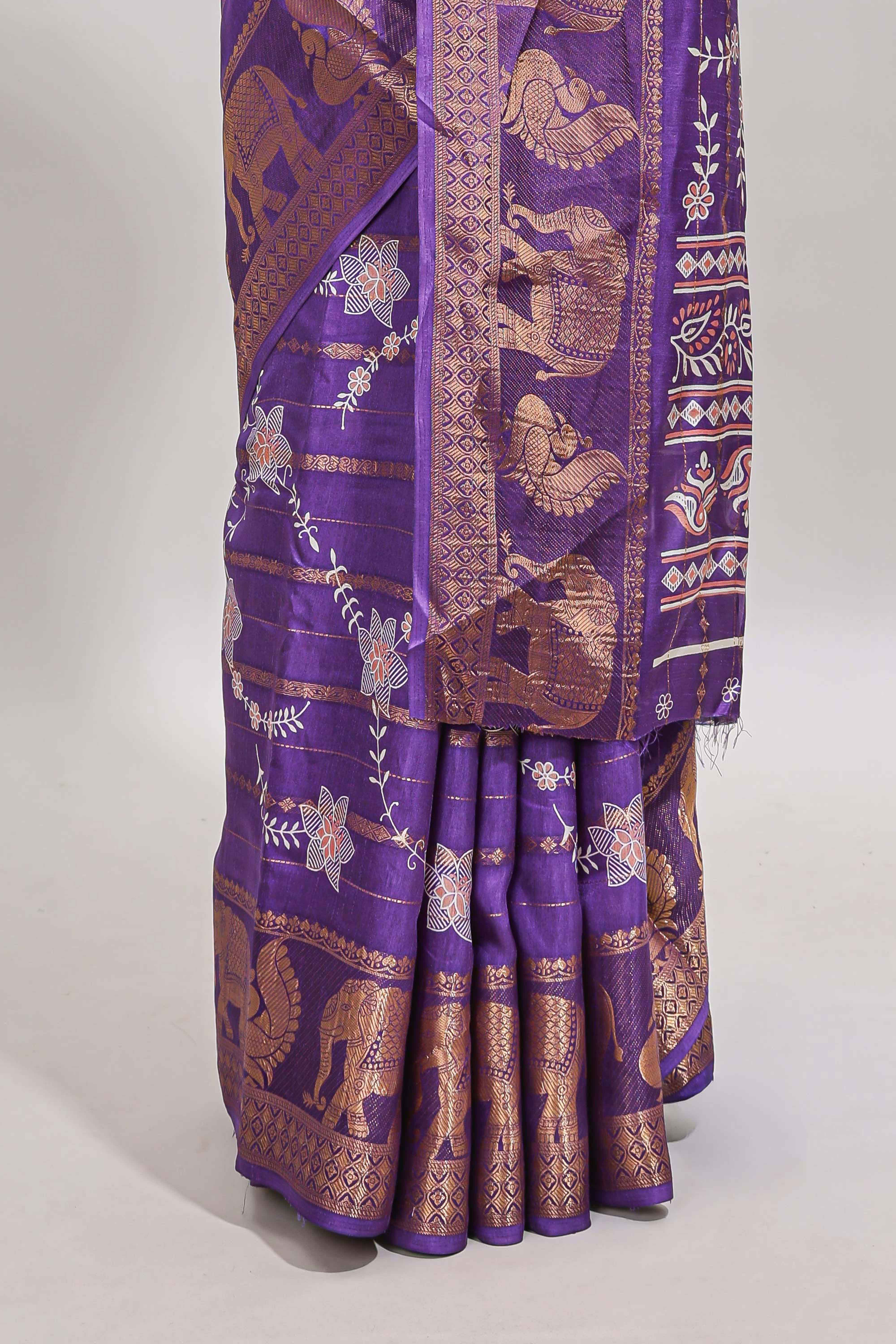 Violet striped floral vine dola silk saree with self zari border and matching blouse