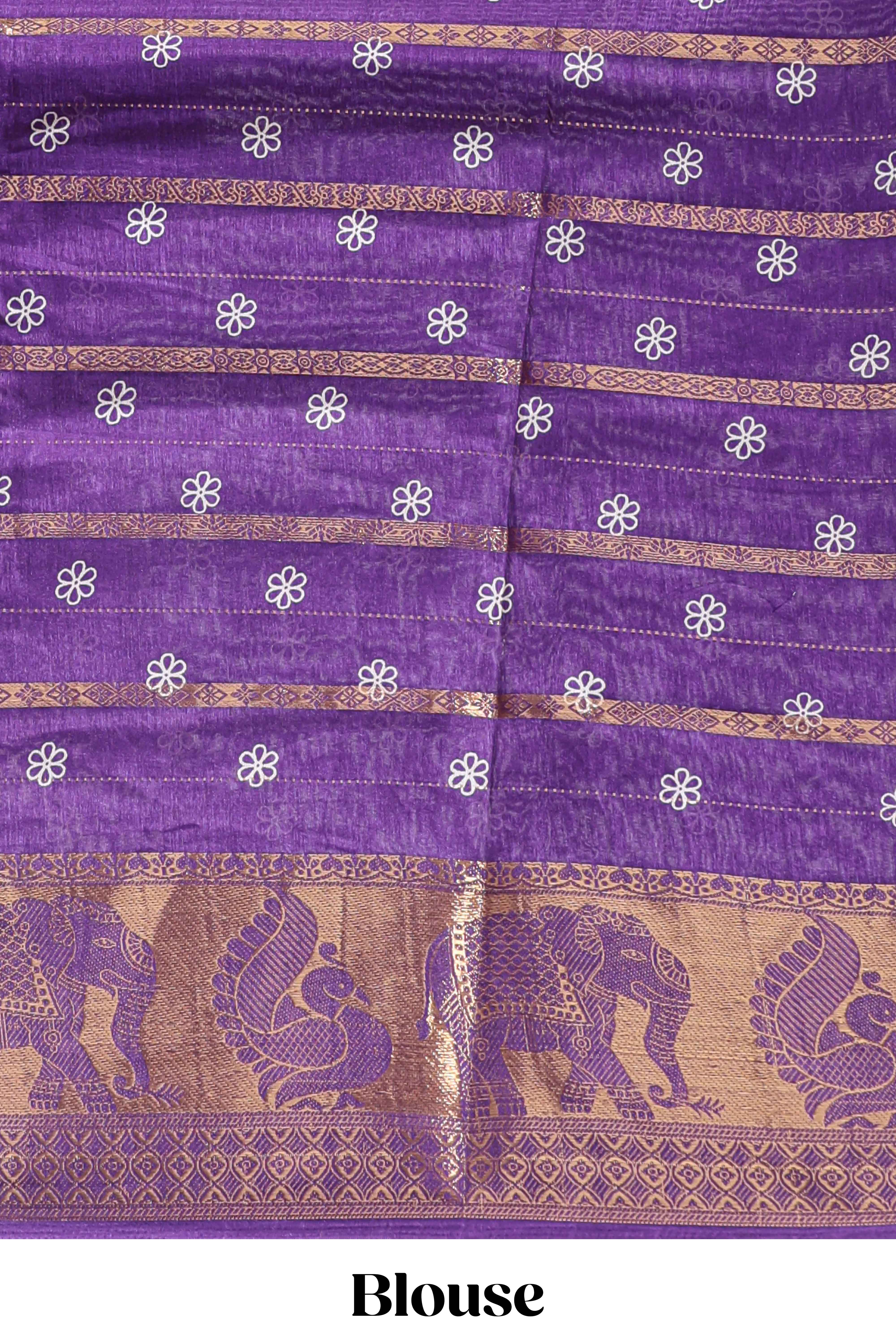 Violet striped floral vine dola silk saree with self zari border and matching blouse