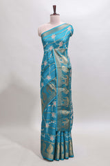 Midnight green striped floral vine dola silk saree with self zari border and matching blouse
