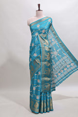 Midnight green striped floral vine dola silk saree with self zari border and matching blouse