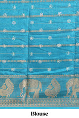 Midnight green striped floral vine dola silk saree with self zari border and matching blouse