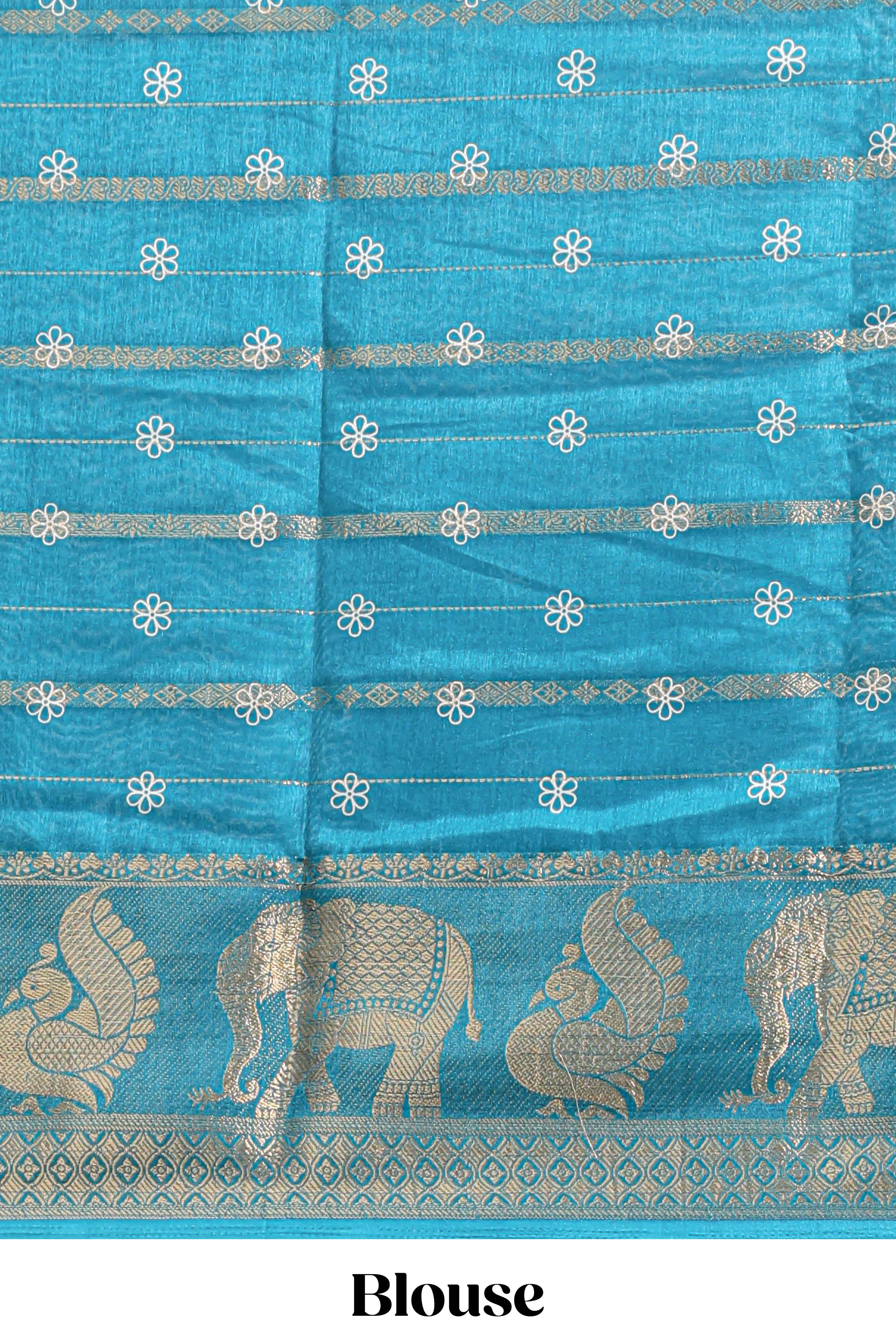 Midnight green striped floral vine dola silk saree with self zari border and matching blouse