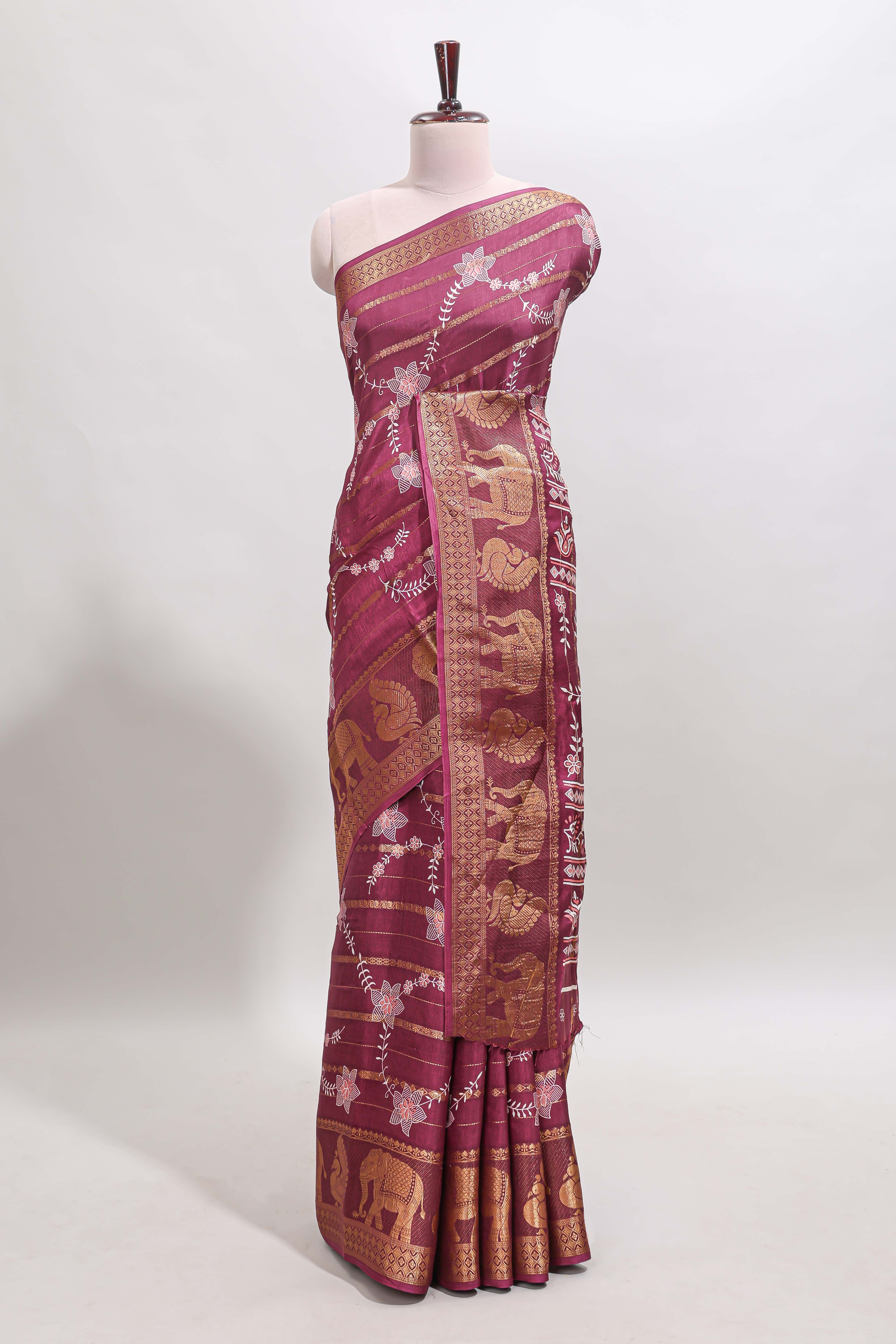 Maroon striped floral vine dola silk saree with self zari border and matching blouse