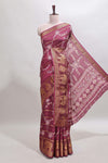 Maroon striped floral vine dola silk saree with self zari border and matching blouse