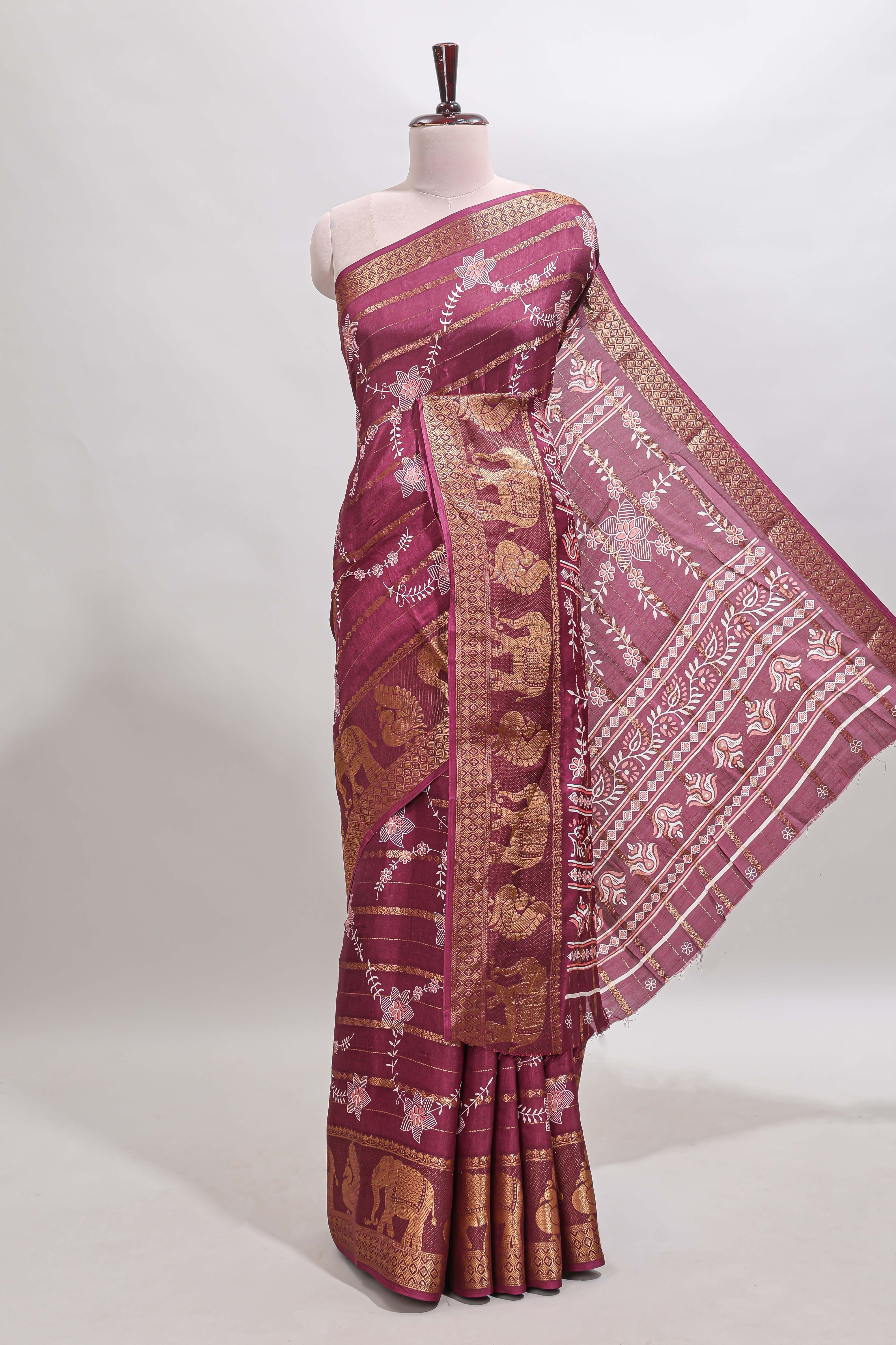 Maroon striped floral vine dola silk saree with self zari border and matching blouse