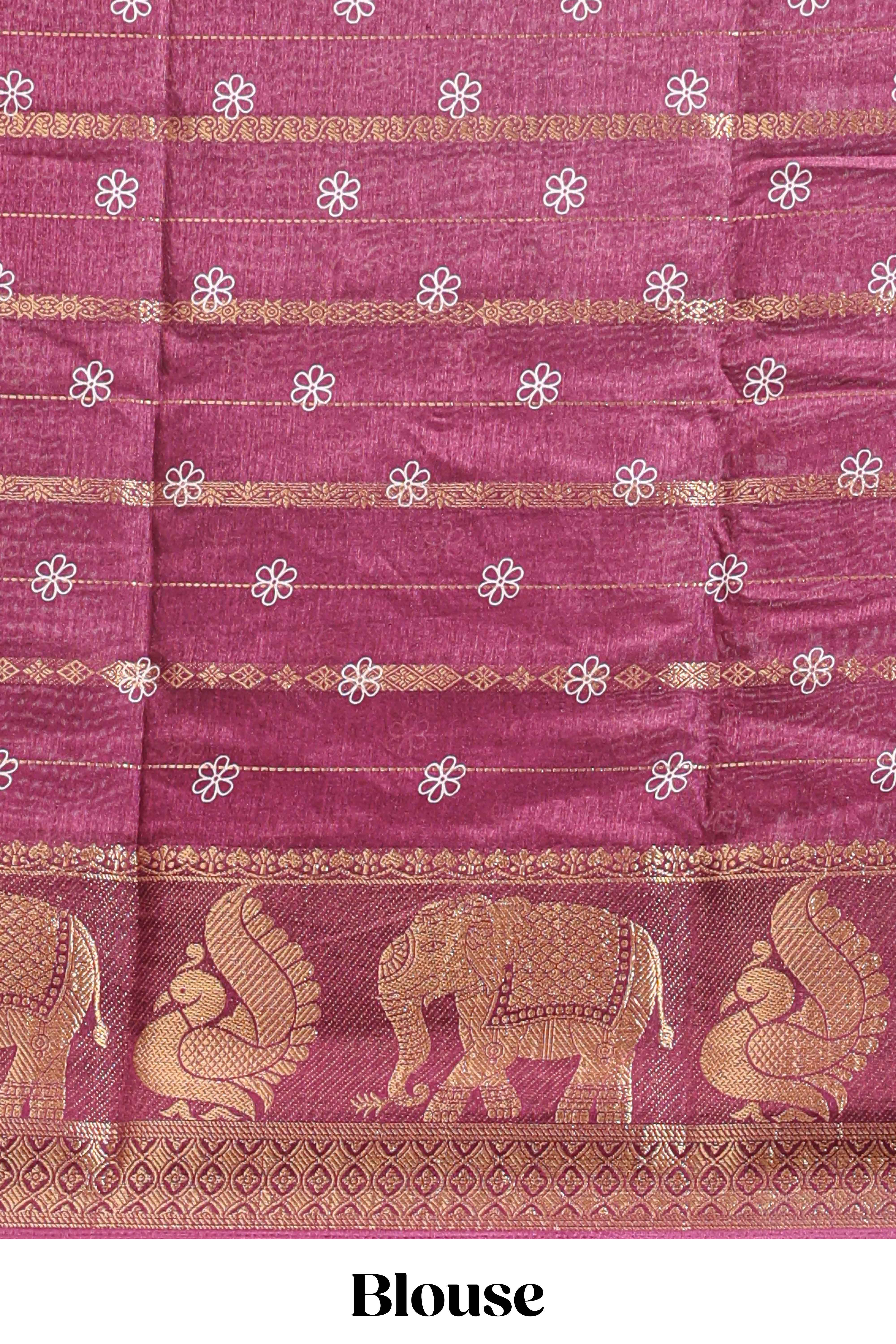 Maroon striped floral vine dola silk saree with self zari border and matching blouse