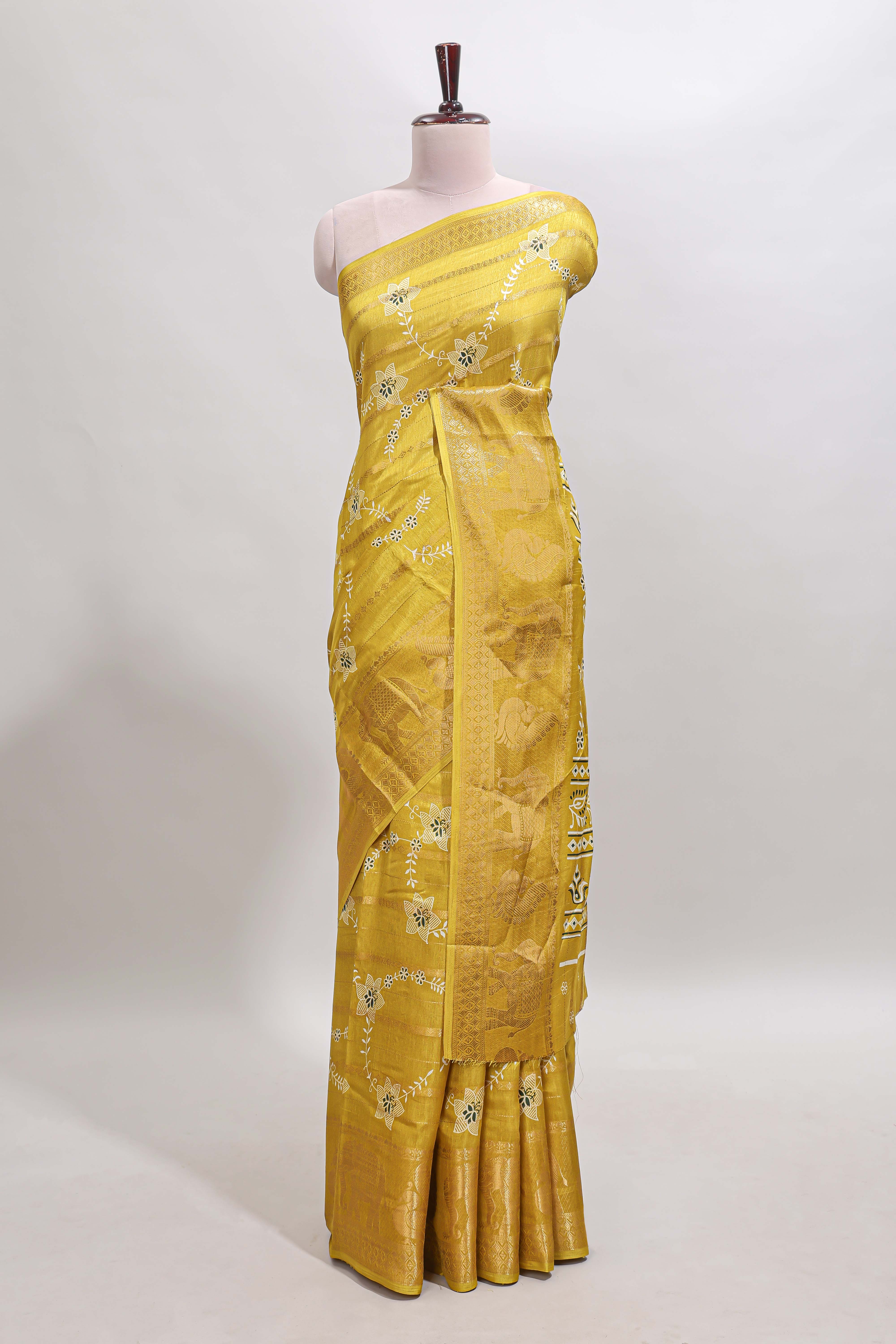 Yellow striped floral vine dola silk saree with self zari border and matching blouse