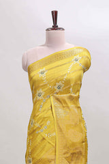Yellow striped floral vine dola silk saree with self zari border and matching blouse