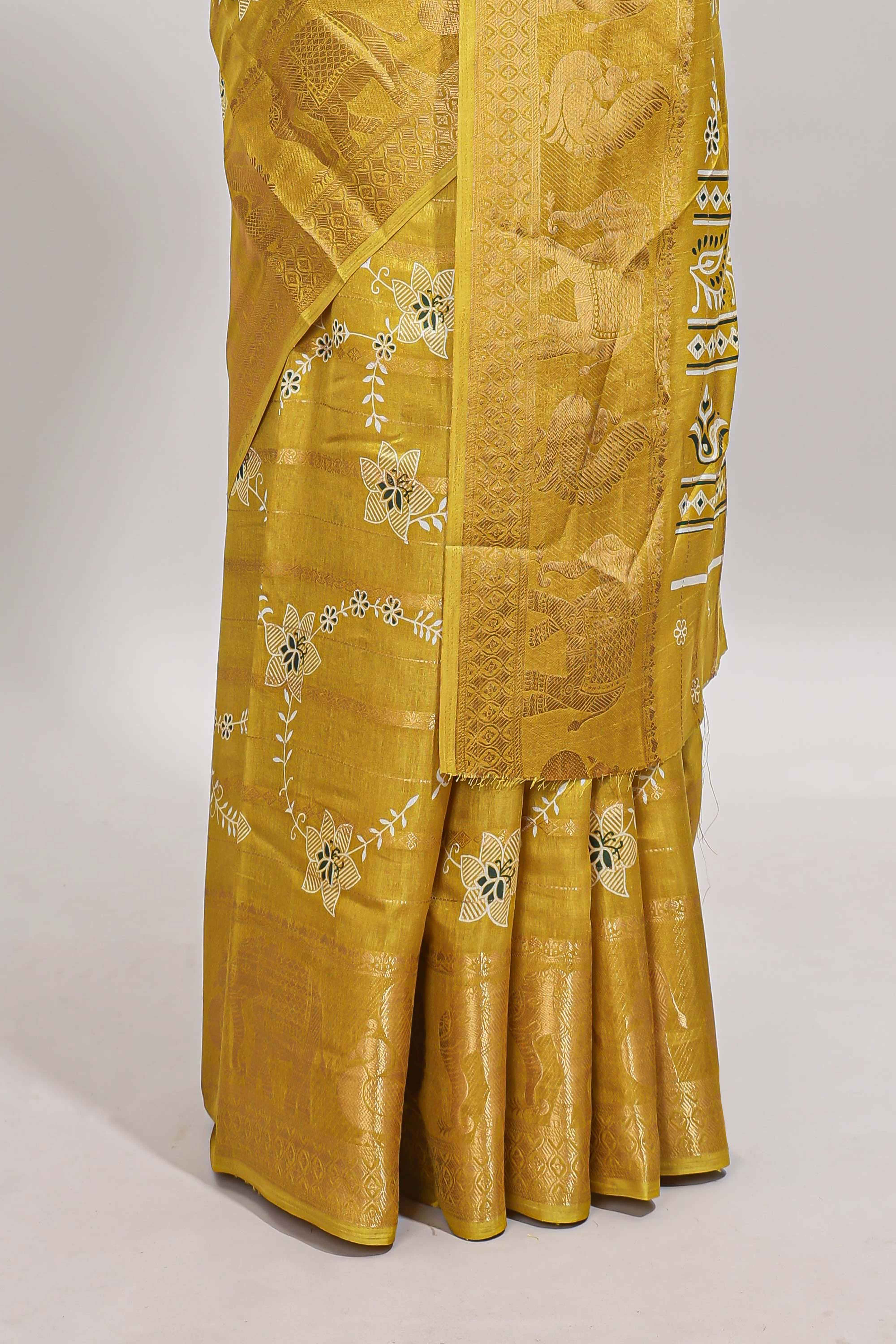 Yellow striped floral vine dola silk saree with self zari border and matching blouse