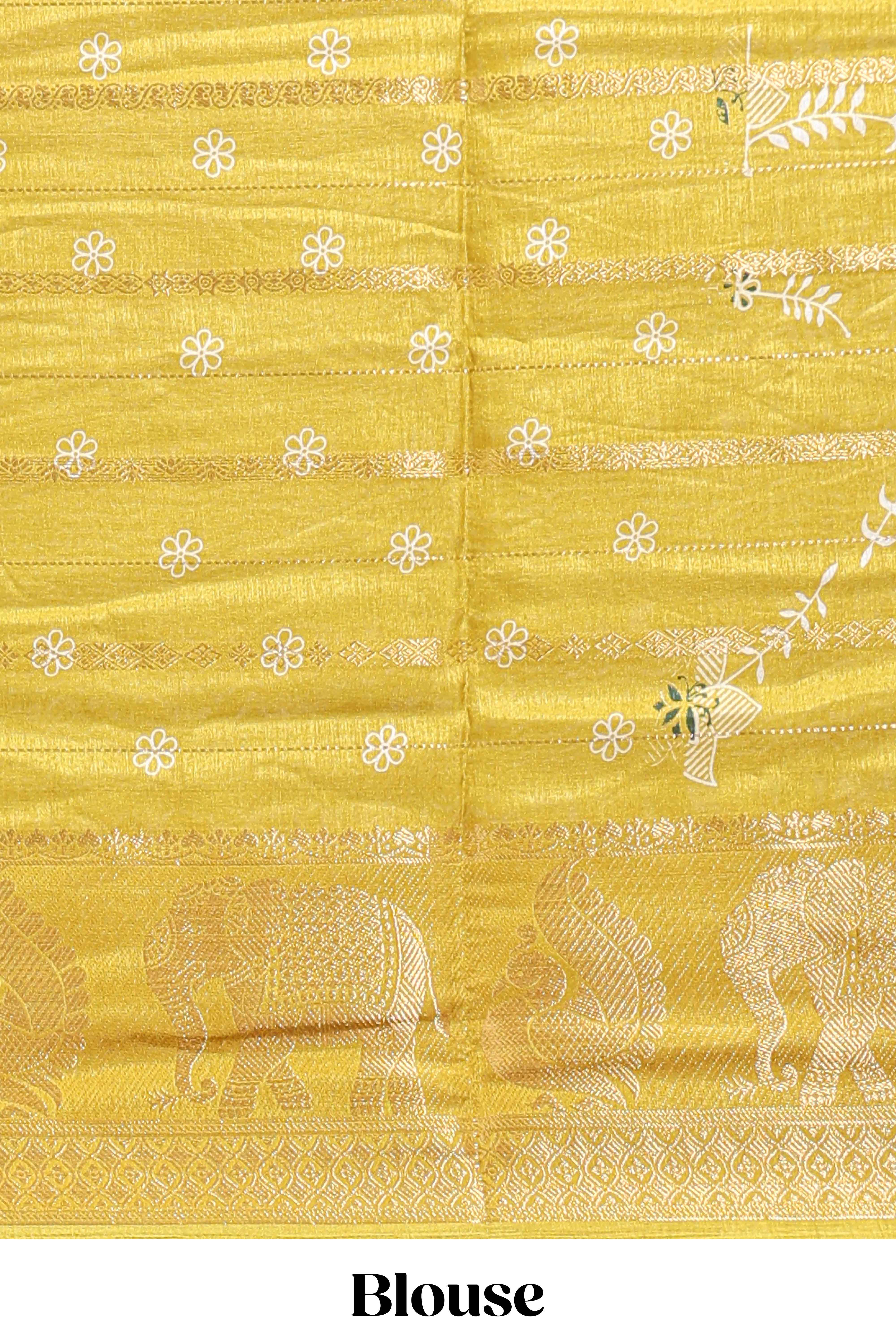 Yellow striped floral vine dola silk saree with self zari border and matching blouse