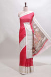 Pink zari striped dola silk saree withcontrast zari border and printed blouse