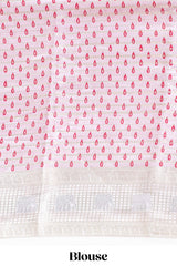 Pink zari striped dola silk saree withcontrast zari border and printed blouse