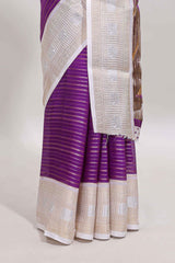 Violet zari striped dola silk saree withcontrast zari border and printed blouse