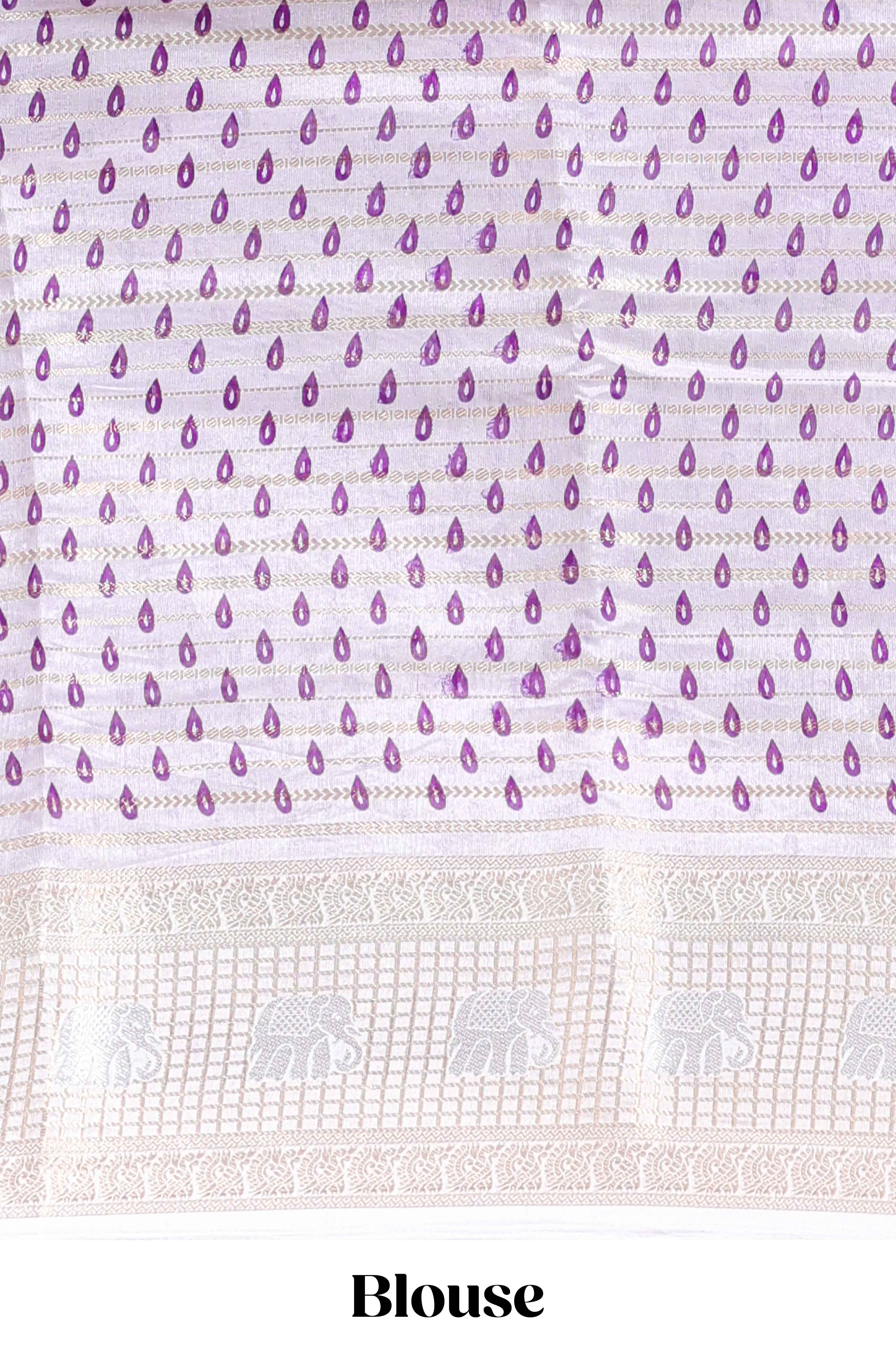 Violet zari striped dola silk saree withcontrast zari border and printed blouse