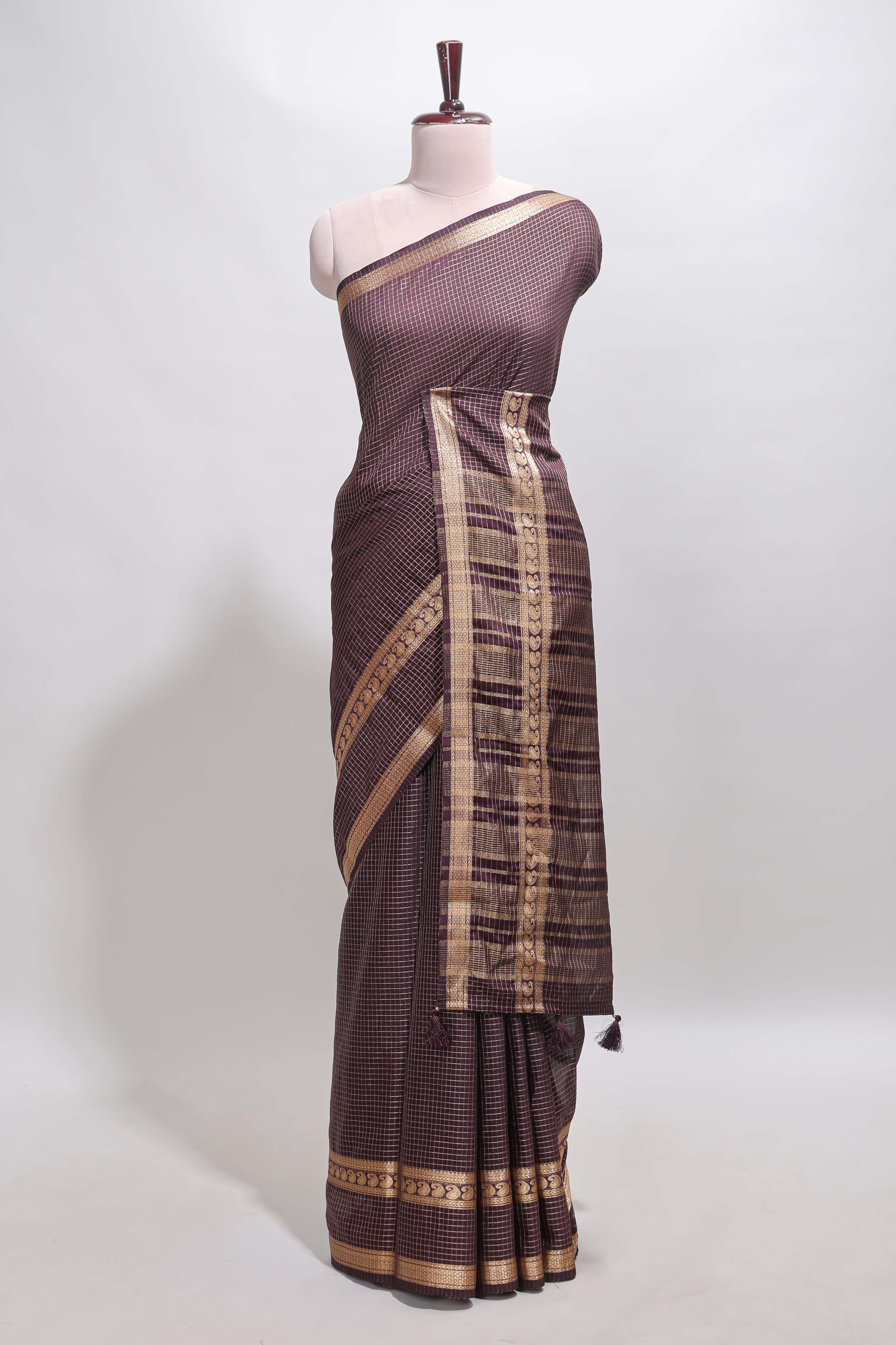 Brown checked dola silk saree with self zari border and matching striped pallu