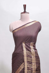 Brown checked dola silk saree with self zari border and matching striped pallu