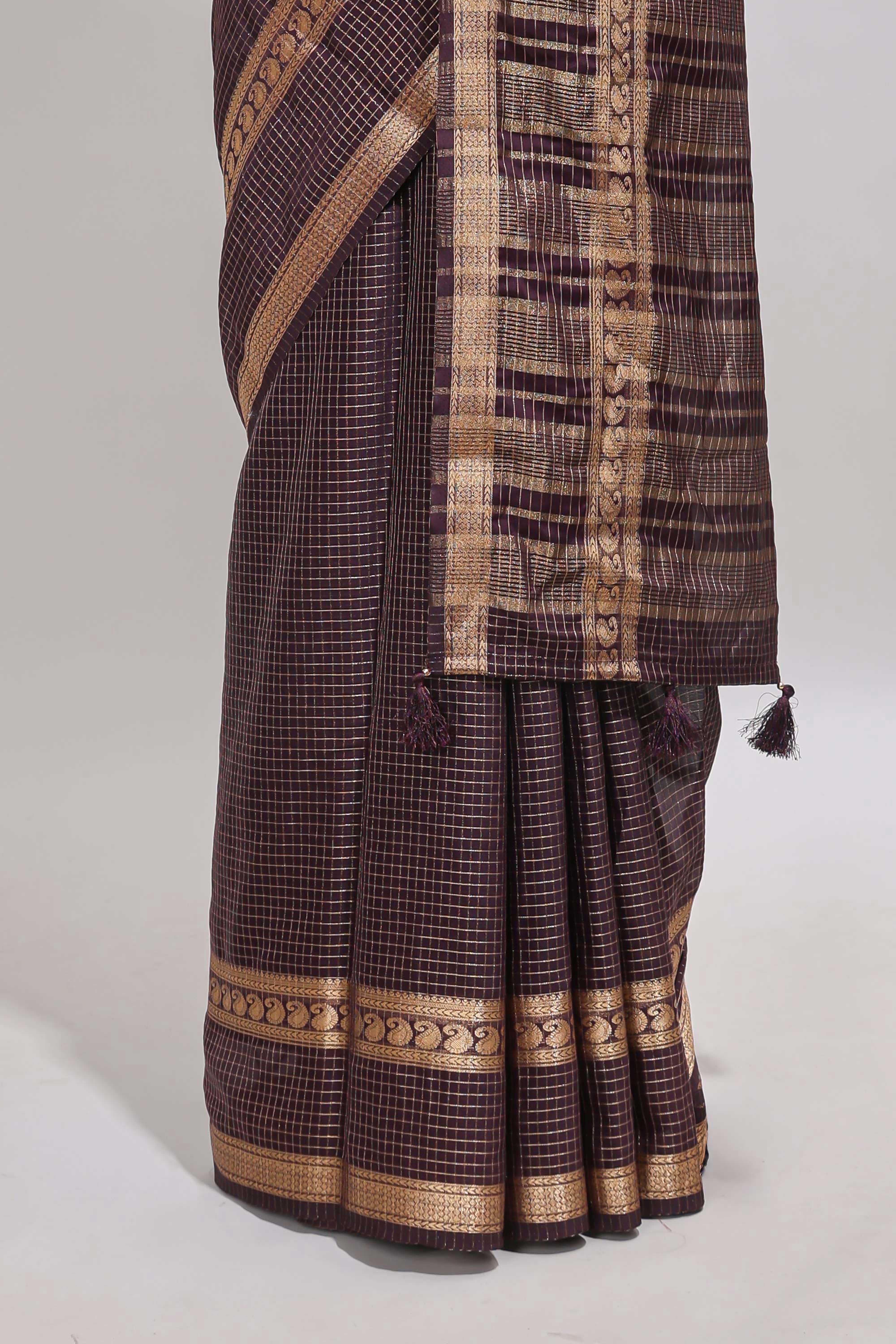 Brown checked dola silk saree with self zari border and matching striped pallu
