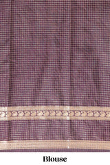 Brown checked dola silk saree with self zari border and matching striped pallu