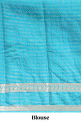 Blue checked dola silk saree with self zari border and matching striped pallu