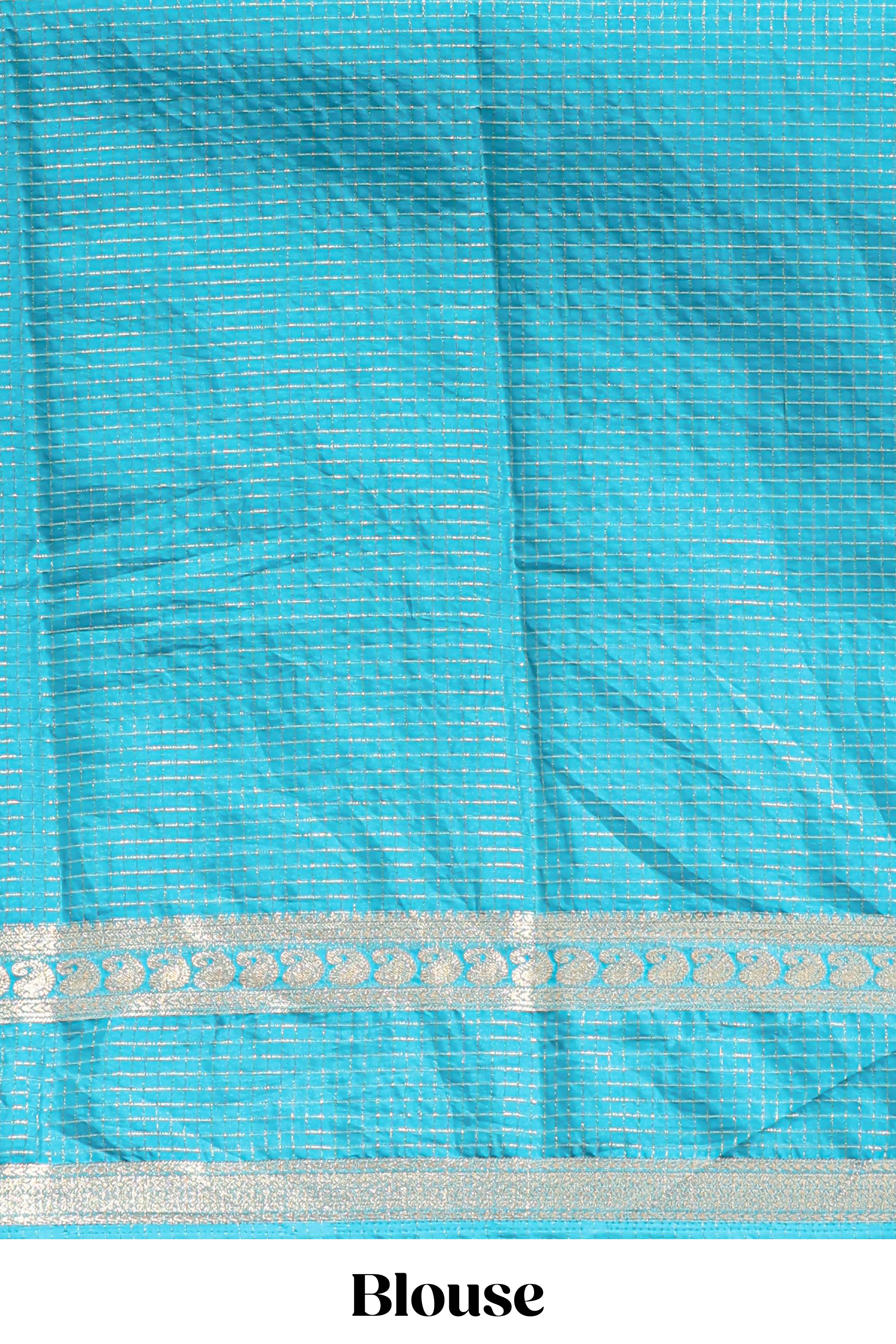 Blue checked dola silk saree with self zari border and matching striped pallu