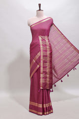 Magenta checked dola silk saree with self zari border and matching striped pallu