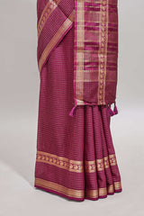 Magenta checked dola silk saree with self zari border and matching striped pallu