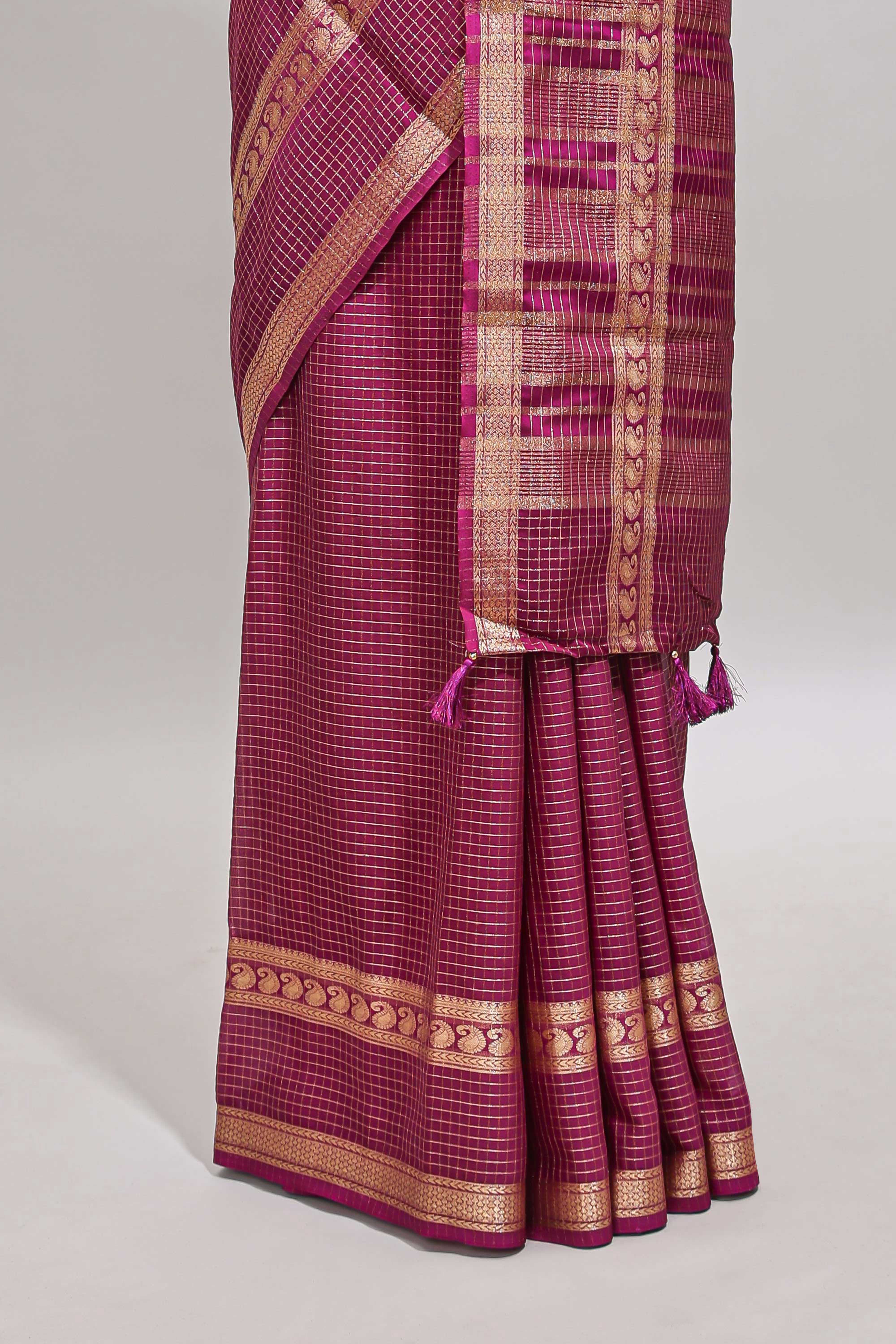 Magenta checked dola silk saree with self zari border and matching striped pallu