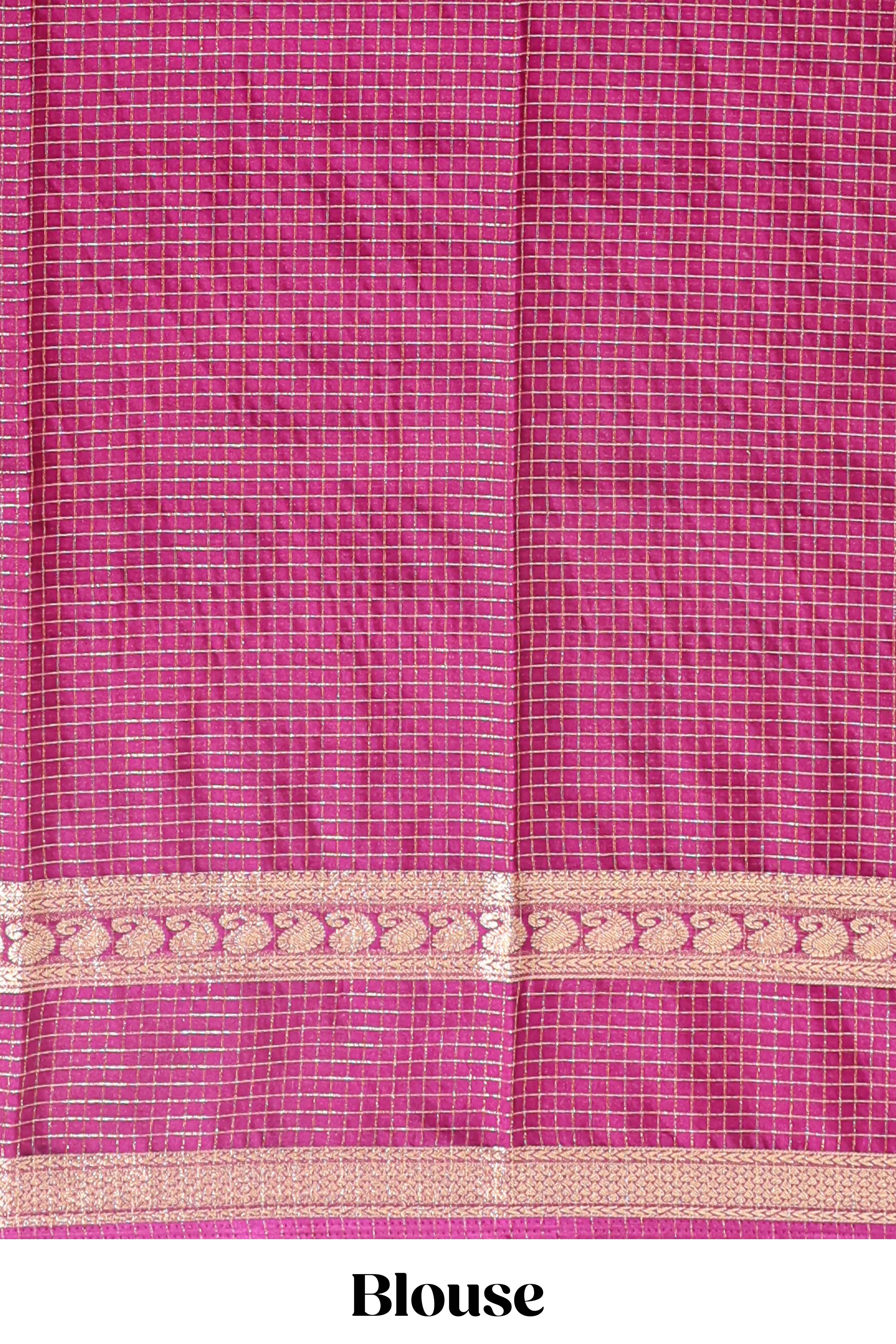 Magenta checked dola silk saree with self zari border and matching striped pallu